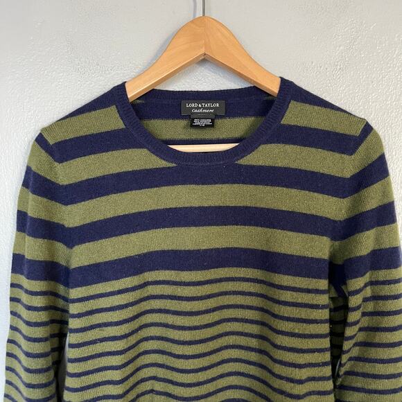 Lord & Taylor 100% Cashmere Pullover Striped Sweater Women's Size L Green Blue - Picture 3 of 11